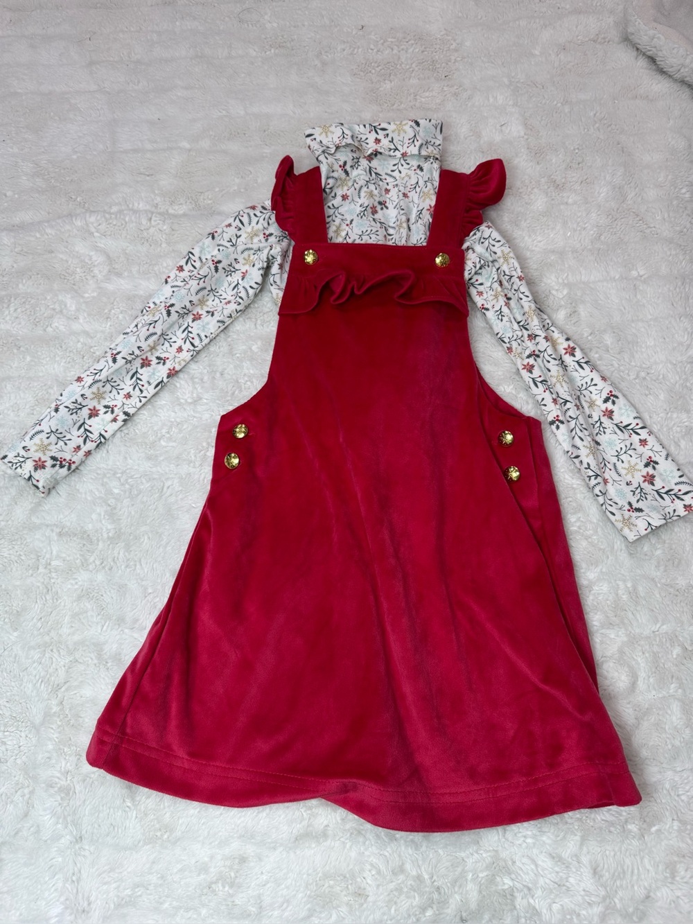 Tahari Girls Red Ruffle Pinafore Dress with Floral Top